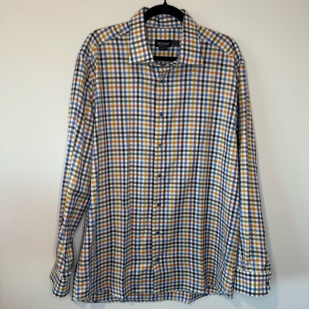 St Croix Mens XL Italian Cotton Button Down Shirt Multicolor Check Made In Italy
